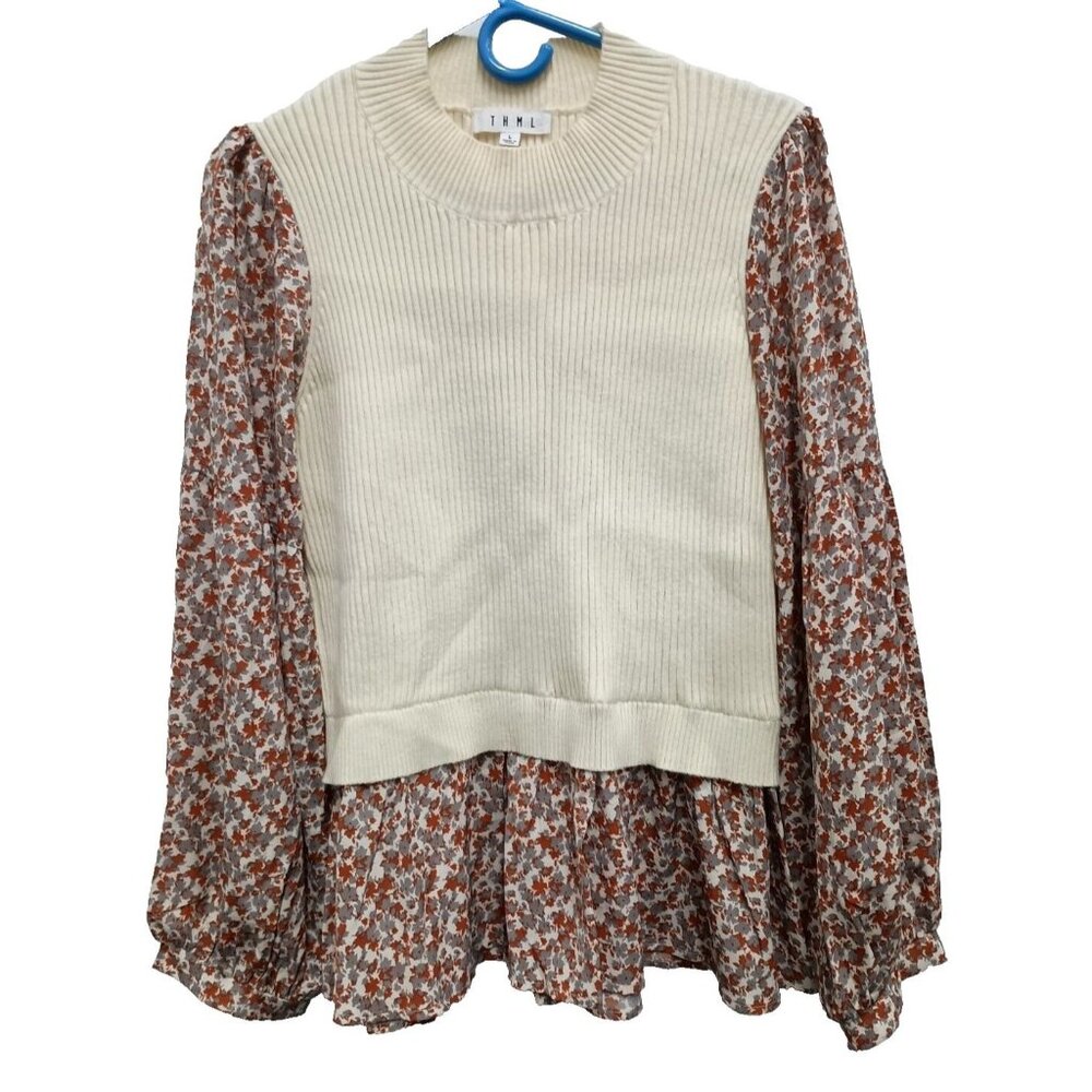 THML Cream Ribbed Pullover with Brown Floral Chiffon Sleeves